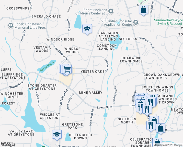 map of restaurants, bars, coffee shops, grocery stores, and more near 7905 Yester Court in Raleigh