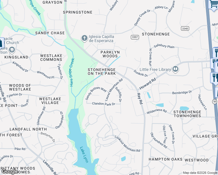 map of restaurants, bars, coffee shops, grocery stores, and more near 7912 Laurel Mountain Road in Raleigh