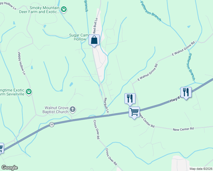 map of restaurants, bars, coffee shops, grocery stores, and more near 162 Red Bud Lane in Sevierville
