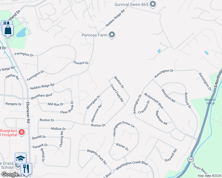 map of restaurants, bars, coffee shops, grocery stores, and more near 1305 Court Field Road in Knoxville