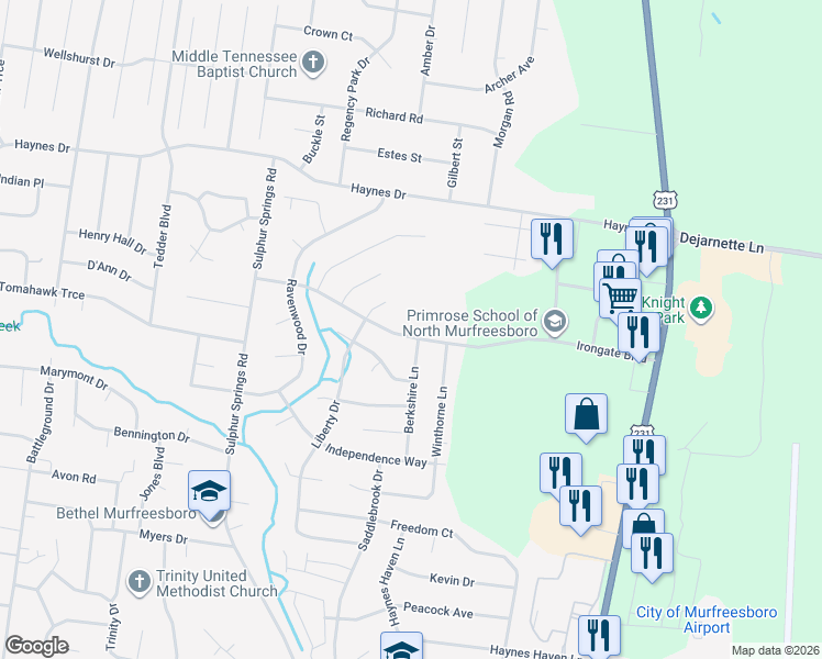 map of restaurants, bars, coffee shops, grocery stores, and more near 503 Irongate Boulevard in Murfreesboro