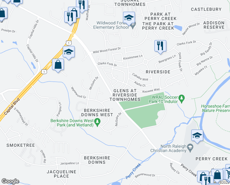 map of restaurants, bars, coffee shops, grocery stores, and more near 5351 Glen Canyon Road in Raleigh