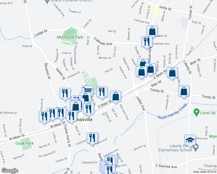 map of restaurants, bars, coffee shops, grocery stores, and more near 306 East Guilford Street in Thomasville