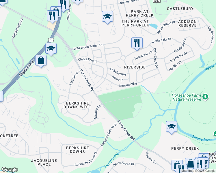 map of restaurants, bars, coffee shops, grocery stores, and more near 5260 Patuxent Drive in Raleigh
