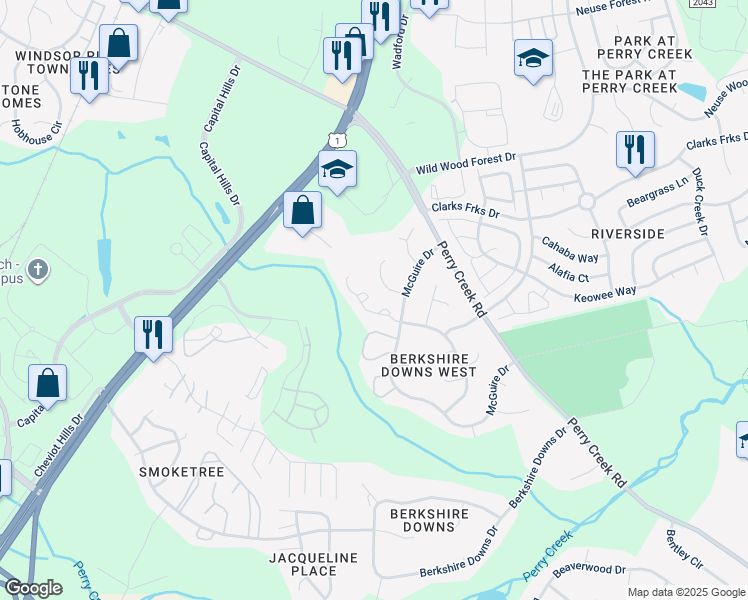 map of restaurants, bars, coffee shops, grocery stores, and more near 8308 Wynewood Court in Raleigh