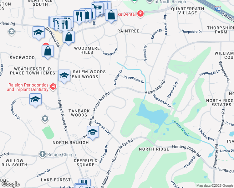 map of restaurants, bars, coffee shops, grocery stores, and more near 7509 Grist Mill Road in Raleigh