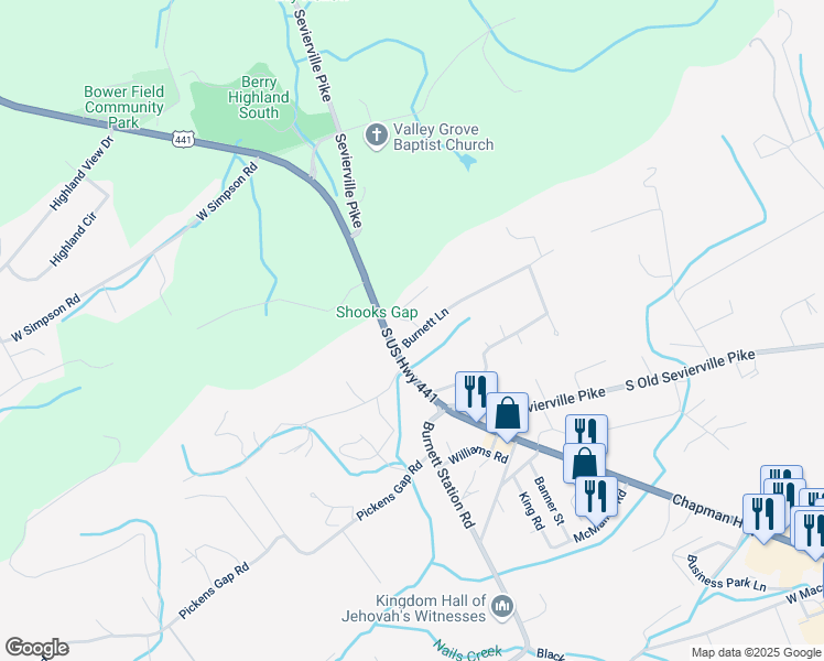 map of restaurants, bars, coffee shops, grocery stores, and more near 105 Burnett Lane in Knoxville