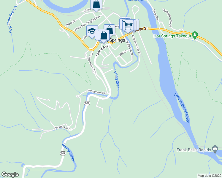 map of restaurants, bars, coffee shops, grocery stores, and more near 405 South Serpentine Avenue in Hot Springs