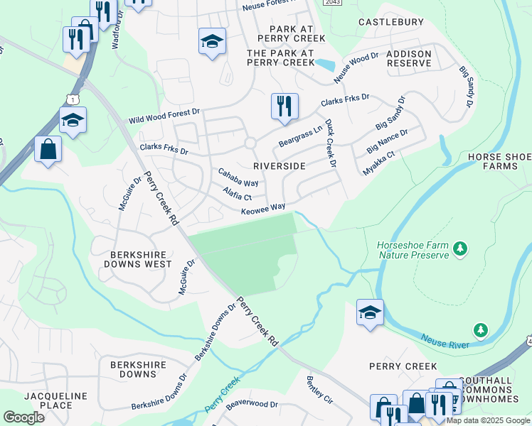 map of restaurants, bars, coffee shops, grocery stores, and more near 5540 Keowee Way in Raleigh