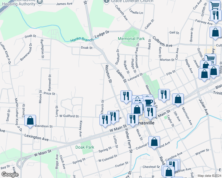 map of restaurants, bars, coffee shops, grocery stores, and more near 208 Winston Street in Thomasville
