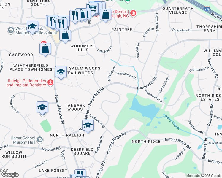 map of restaurants, bars, coffee shops, grocery stores, and more near 7509 Grist Mill Road in Raleigh