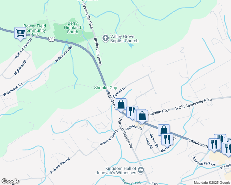 map of restaurants, bars, coffee shops, grocery stores, and more near 105 Burnett Lane in Knoxville