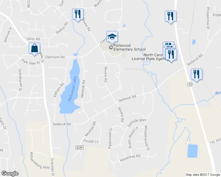 map of restaurants, bars, coffee shops, grocery stores, and more near 5325 Revere Road in Durham