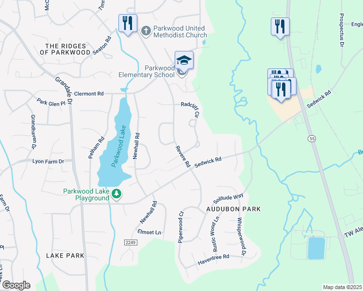 map of restaurants, bars, coffee shops, grocery stores, and more near 5325 Revere Road in Durham