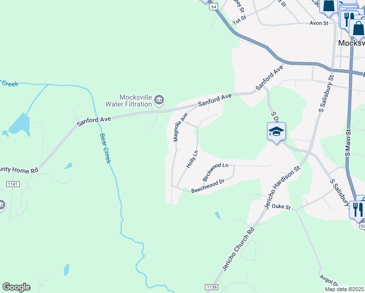 map of restaurants, bars, coffee shops, grocery stores, and more near 250 Magnolia Avenue in Mocksville
