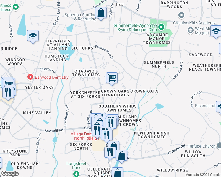 map of restaurants, bars, coffee shops, grocery stores, and more near 7755 Kingsberry Court in Raleigh