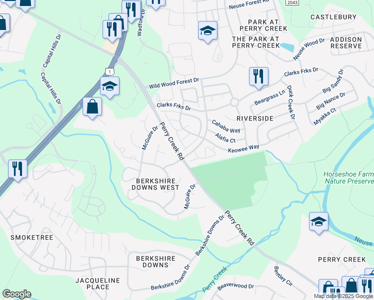 map of restaurants, bars, coffee shops, grocery stores, and more near 5345 Glen Canyon Road in Raleigh