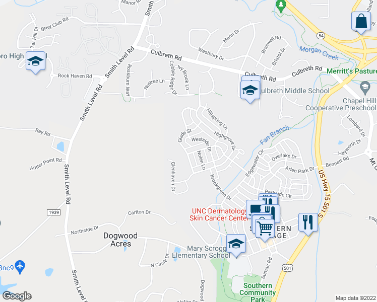 map of restaurants, bars, coffee shops, grocery stores, and more near 702 Parkview Crescent in Chapel Hill