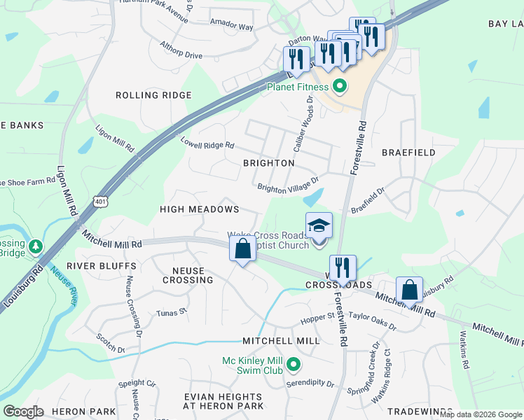 map of restaurants, bars, coffee shops, grocery stores, and more near 3828 Longdale Drive in Raleigh