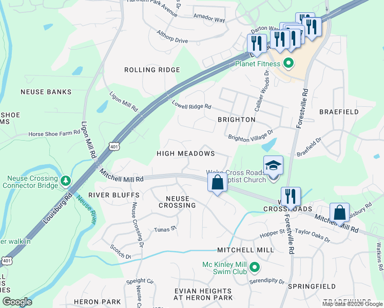 map of restaurants, bars, coffee shops, grocery stores, and more near 3617 Ladywood Court in Raleigh