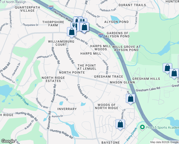 map of restaurants, bars, coffee shops, grocery stores, and more near 2400 Clinedale Court in Raleigh