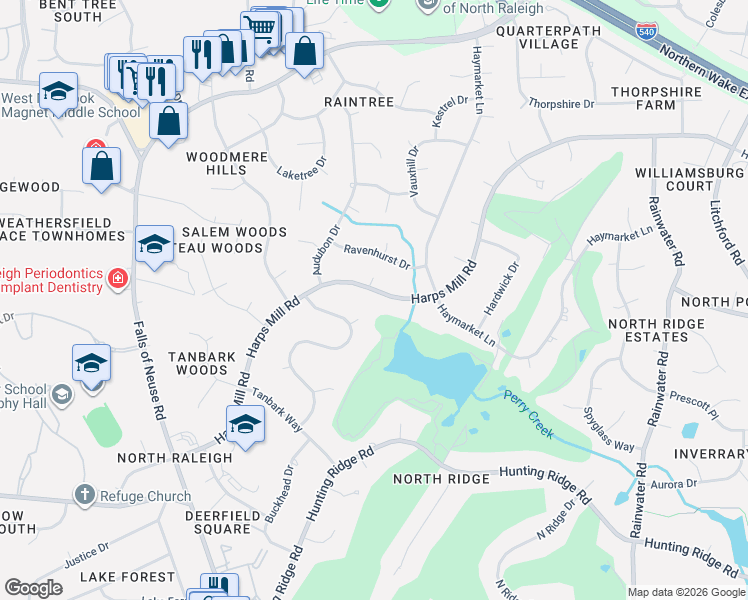 map of restaurants, bars, coffee shops, grocery stores, and more near 7708 Harps Mill Road in Raleigh
