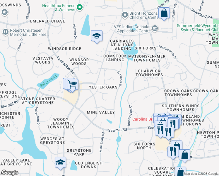 map of restaurants, bars, coffee shops, grocery stores, and more near 7905 Yester Court in Raleigh