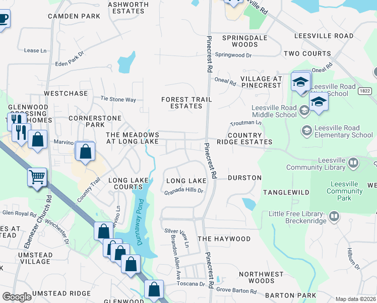 map of restaurants, bars, coffee shops, grocery stores, and more near 7704 Silver View Lane in Raleigh