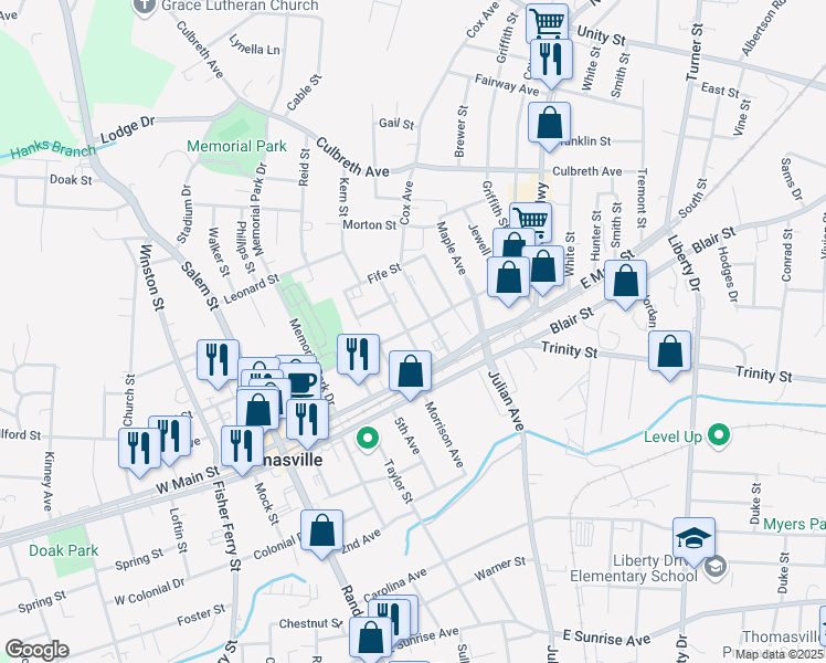map of restaurants, bars, coffee shops, grocery stores, and more near 3 College Street in Thomasville