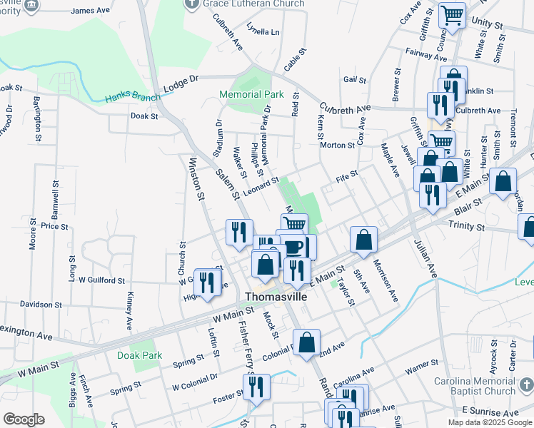 map of restaurants, bars, coffee shops, grocery stores, and more near 14 East Guilford Street in Thomasville