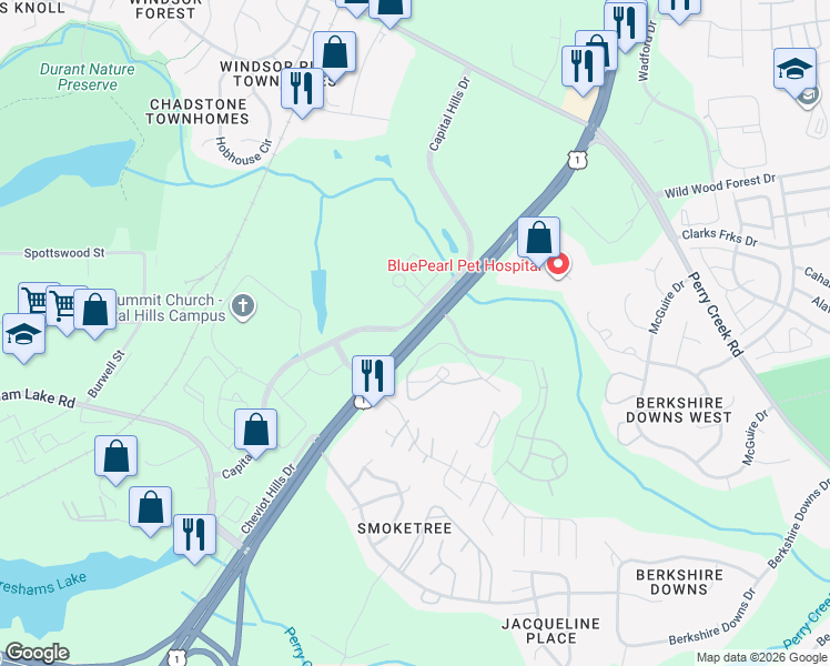 map of restaurants, bars, coffee shops, grocery stores, and more near 3311 Capital Blvd in Raleigh