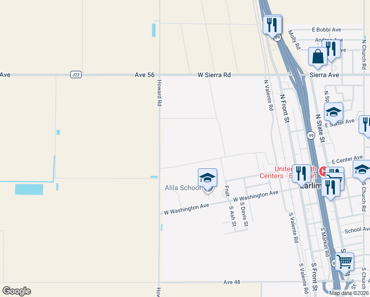 map of restaurants, bars, coffee shops, grocery stores, and more near Main Avenue in Earlimart