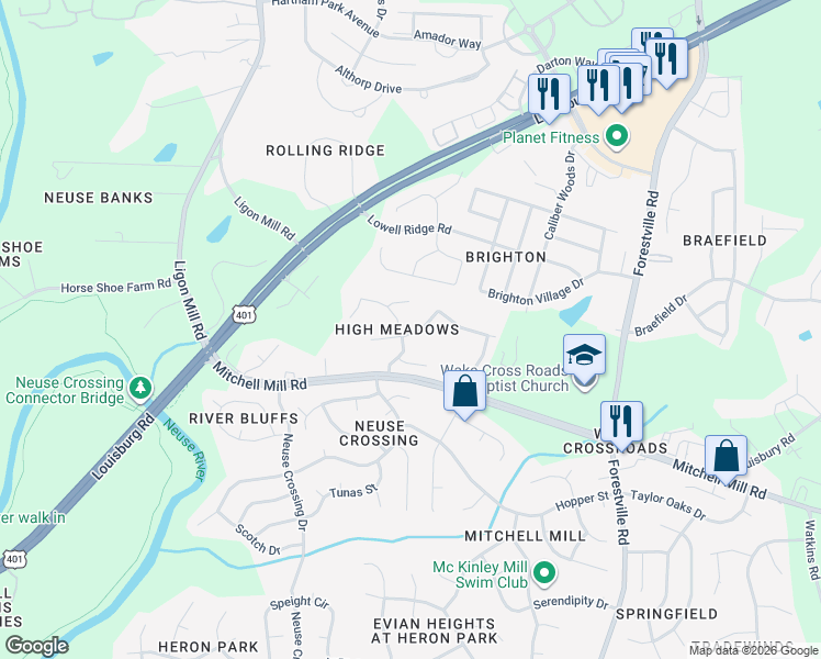 map of restaurants, bars, coffee shops, grocery stores, and more near 3617 Ladywood Court in Raleigh