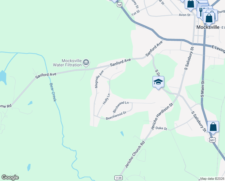 map of restaurants, bars, coffee shops, grocery stores, and more near 244 Holly Lane in Mocksville