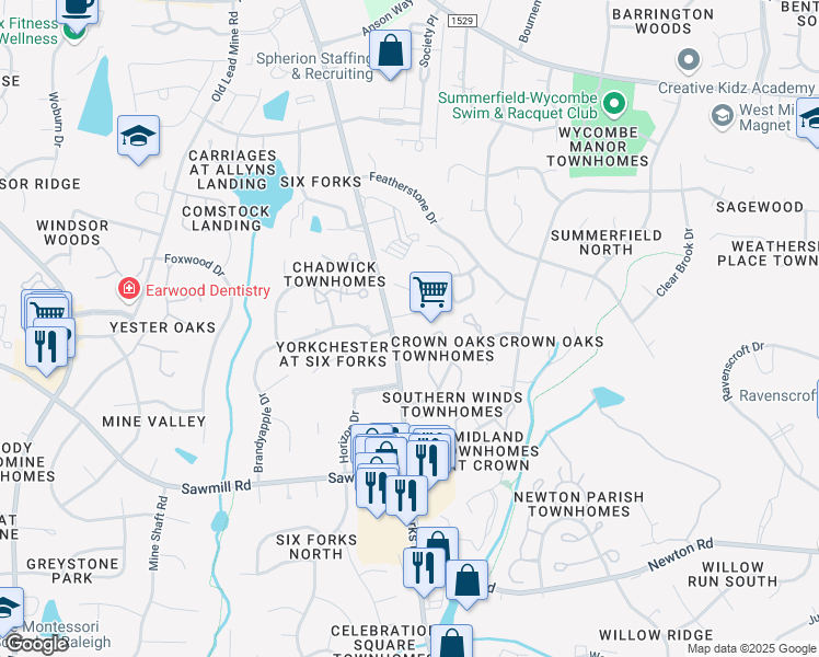 map of restaurants, bars, coffee shops, grocery stores, and more near 7808 Six Forks Road in Raleigh