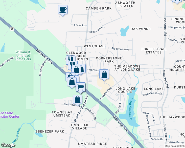 map of restaurants, bars, coffee shops, grocery stores, and more near Carmax Trail in Raleigh