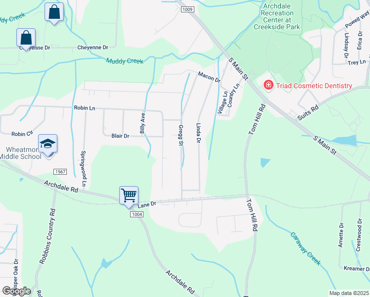 map of restaurants, bars, coffee shops, grocery stores, and more near 325 Gregg Street in Archdale