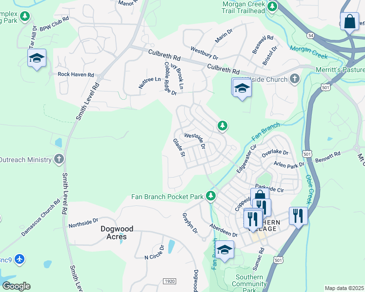 map of restaurants, bars, coffee shops, grocery stores, and more near 702 Parkview Crescent in Chapel Hill