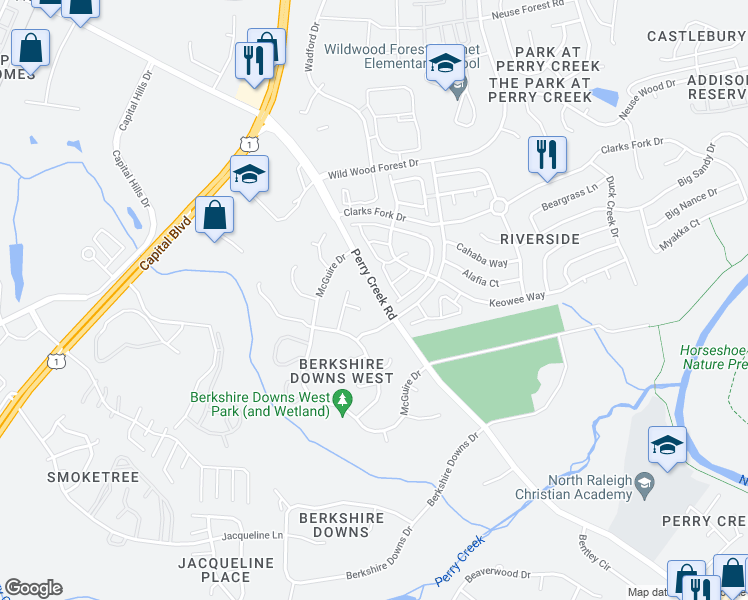 map of restaurants, bars, coffee shops, grocery stores, and more near 8125 Perry Creek Road in Raleigh