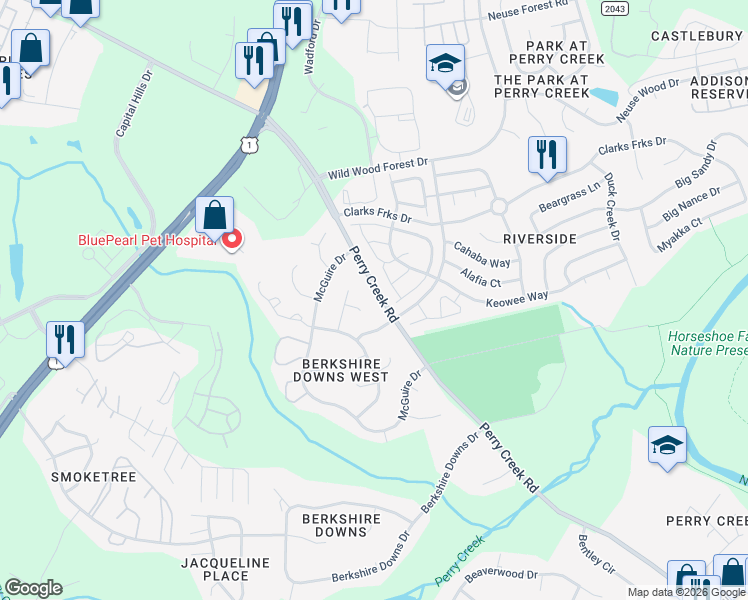 map of restaurants, bars, coffee shops, grocery stores, and more near 8213 Perry Creek Road in Raleigh