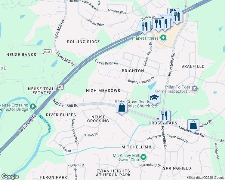 map of restaurants, bars, coffee shops, grocery stores, and more near 3629 Iron Sight Court in Raleigh