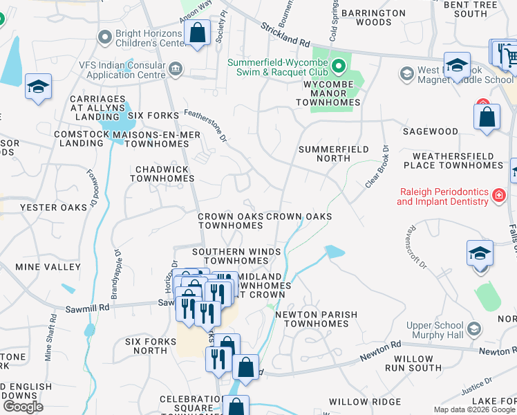 map of restaurants, bars, coffee shops, grocery stores, and more near 7734 Crown Crest Court in Raleigh