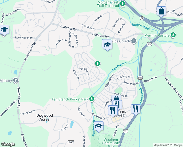 map of restaurants, bars, coffee shops, grocery stores, and more near 526 Highgrove Drive in Chapel Hill