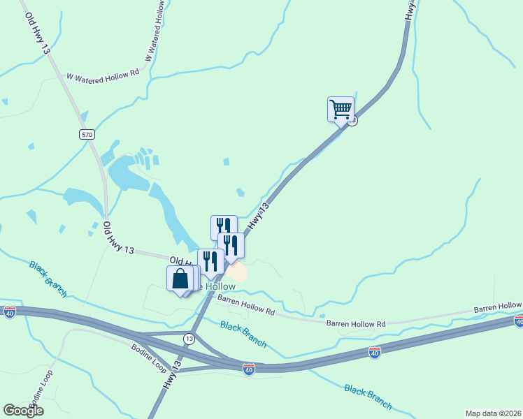 map of restaurants, bars, coffee shops, grocery stores, and more near Tennessee 13 in Hurricane Mills