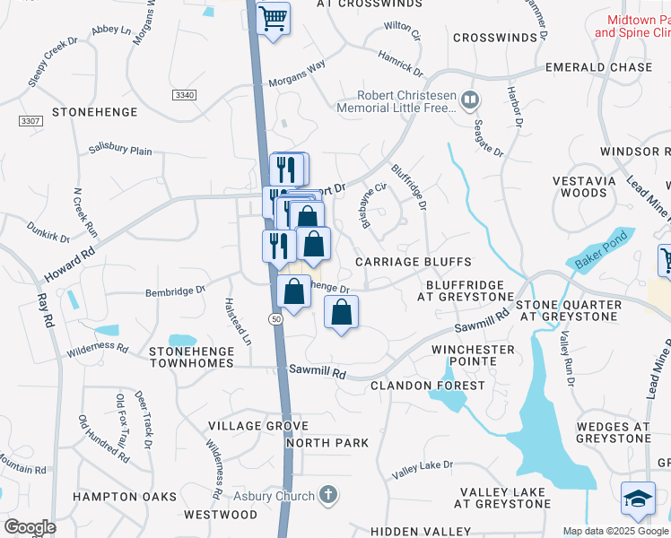map of restaurants, bars, coffee shops, grocery stores, and more near 7303 Hihenge Court in Raleigh