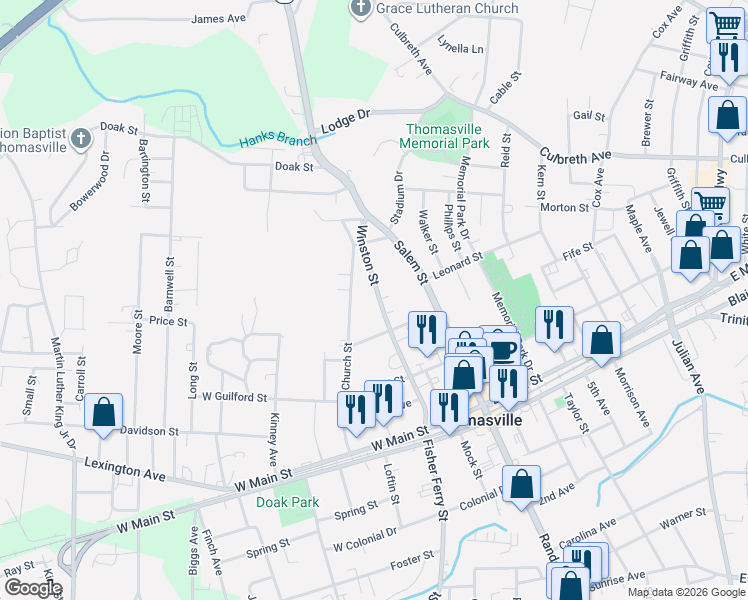 map of restaurants, bars, coffee shops, grocery stores, and more near 308 Winston Street in Thomasville