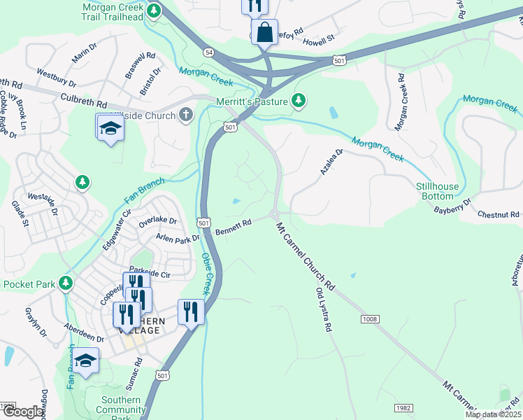 map of restaurants, bars, coffee shops, grocery stores, and more near 105 Hayworth Drive in Chapel Hill