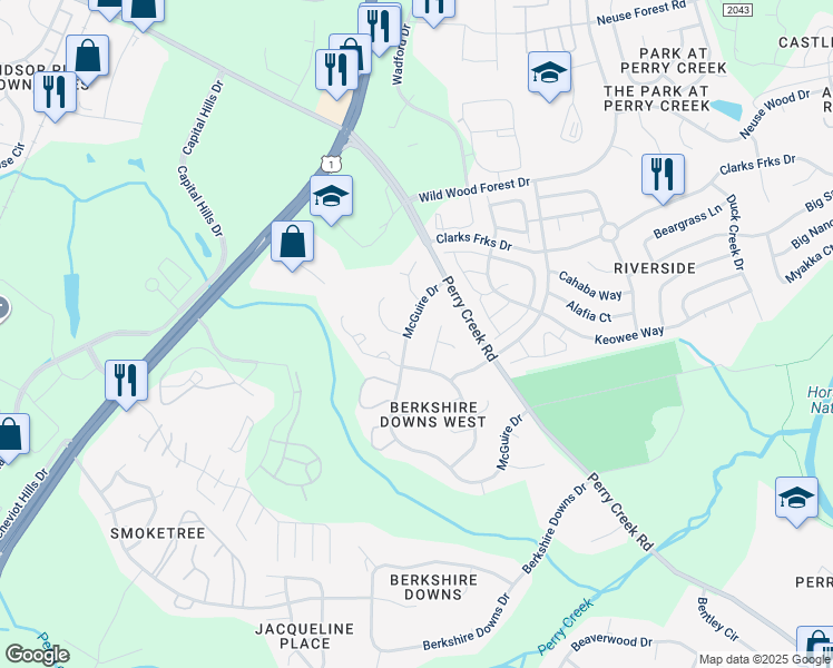 map of restaurants, bars, coffee shops, grocery stores, and more near 8330 McGuire Drive in Raleigh