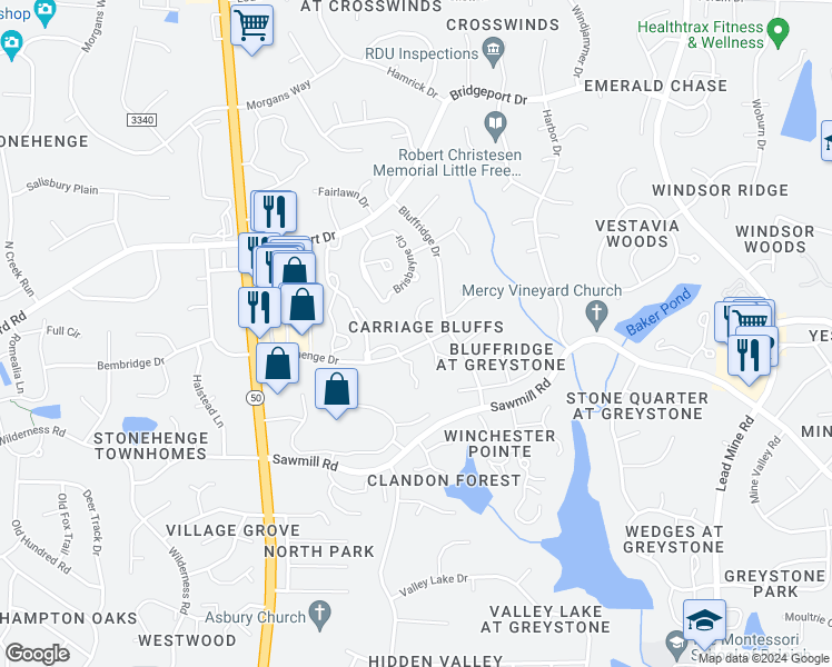 map of restaurants, bars, coffee shops, grocery stores, and more near 7905 Footman Way in Raleigh