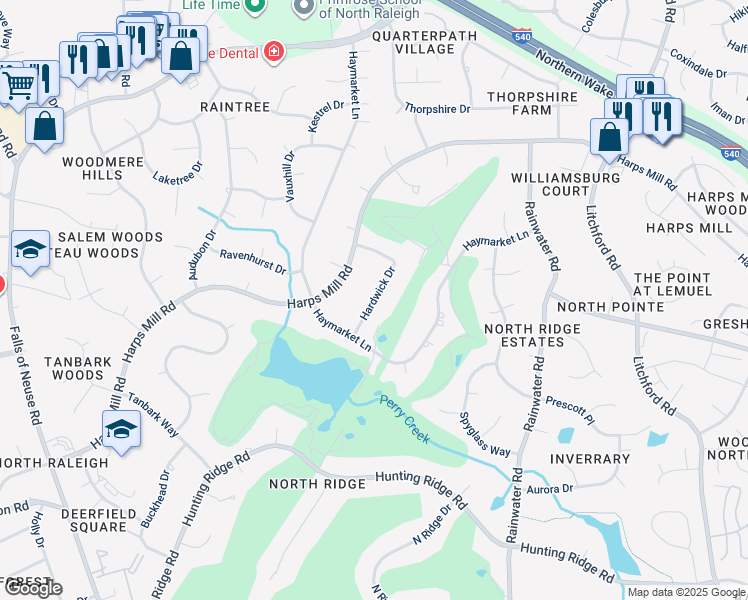 map of restaurants, bars, coffee shops, grocery stores, and more near Hardwick Drive in Raleigh